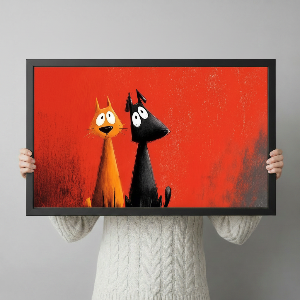 Person holding framed orange cat and black dog cartoon canvas wall art – funny big-eyed pet portrait print size reference with red background