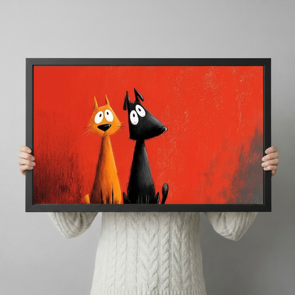 Person holding framed orange cat and black dog cartoon canvas wall art – funny big-eyed pet portrait print size reference with red background