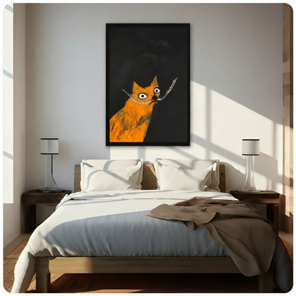 Whimsical orange cat black framed canvas art above a wooden bed in a sunlit neutral bedroom with warm morning light