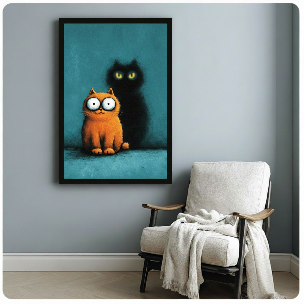 	Premium framed art print of a cartoon orange cat with bug eyes beside a dark shadow cat silhouette, styled in a cozy reading nook