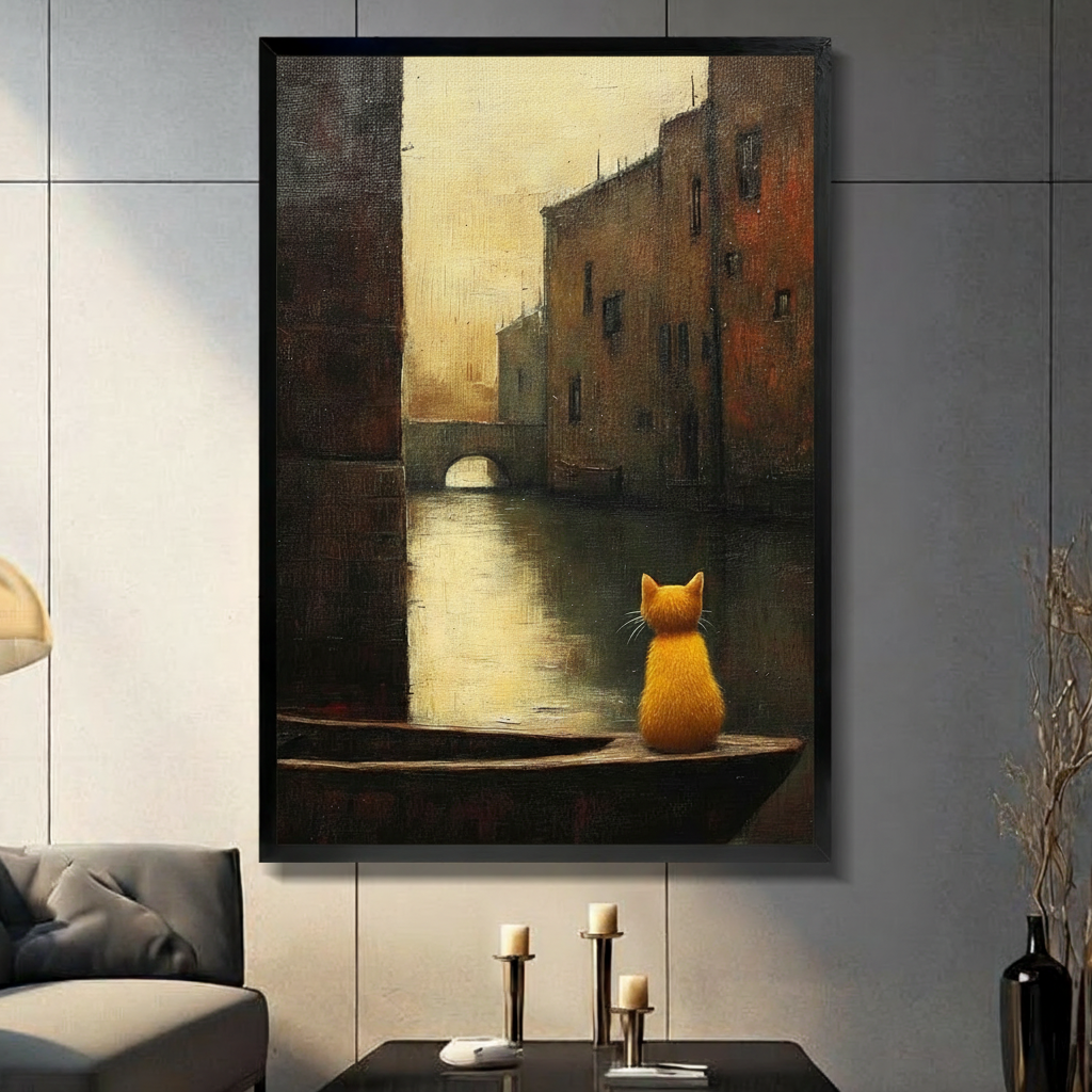 Framed canvas wall art of an orange cat sitting on a wooden boat in a moody Venice canal at dusk, displayed on a grey wall above a console table with candlesticks in a modern living room