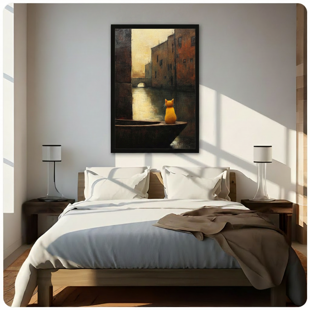 Framed oil painting canvas of a small orange cat on a gondola in a dark atmospheric Venice canal, displayed above a bed in a bright minimalist bedroom with warm wood furniture and white bedding