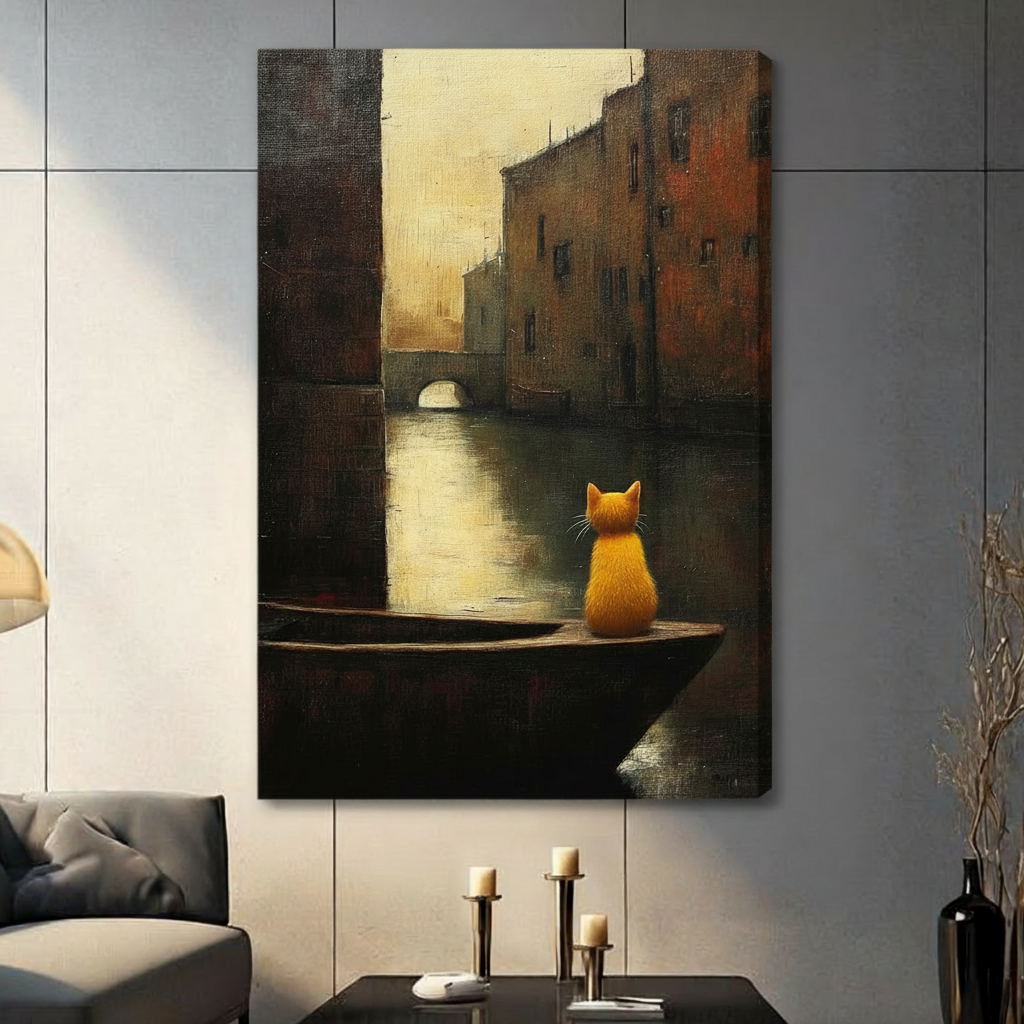 Stretched canvas print of a golden orange cat perched on a gondola in a dimly lit Venice-style canal with ancient buildings, gallery-wrapped and hung in a contemporary grey living space