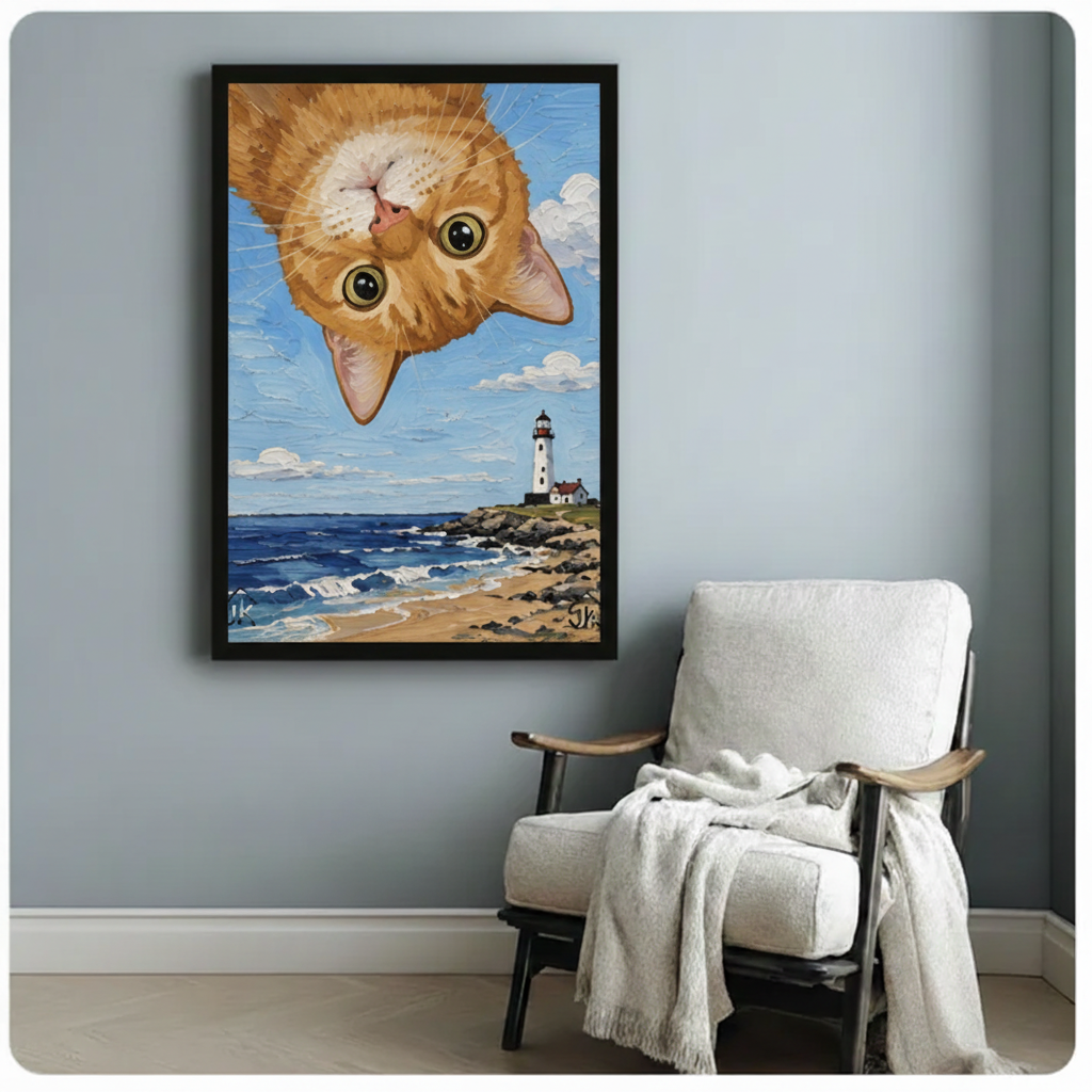 Close-up of framed orange cat lighthouse canvas wall art — whimsical cat artwork for coastal home decoration