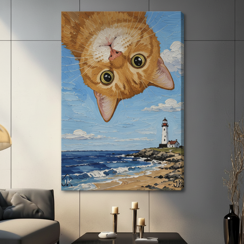 Orange cat upside down lighthouse scene stretched canvas print — coastal home decor wall art for cat lovers