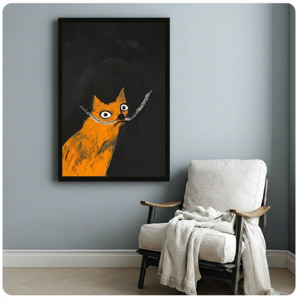Expressive orange cat framed wall art beside a white linen armchair on a soft blue-grey wall in a cozy reading corner