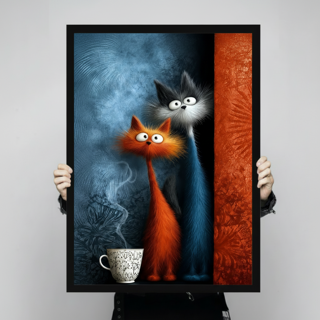 Hand-held display of a black-framed canvas art print featuring two cartoon cats — one orange, one grey — with big expressive eyes standing next to a steaming coffee cup on a moody blue and orange background