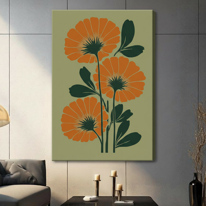 Gallery wrap canvas of stylized orange marigold blooms with deep green foliage on a sage background, mid-century modern botanical illustration style, hung on a dark gray living room wall