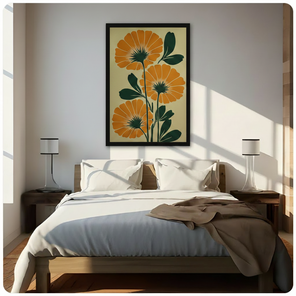 Framed minimalist botanical canvas print of orange marigold flowers with dark green foliage on a cream background, hung as a statement wall art piece above a bed in a sunlit modern bedroom