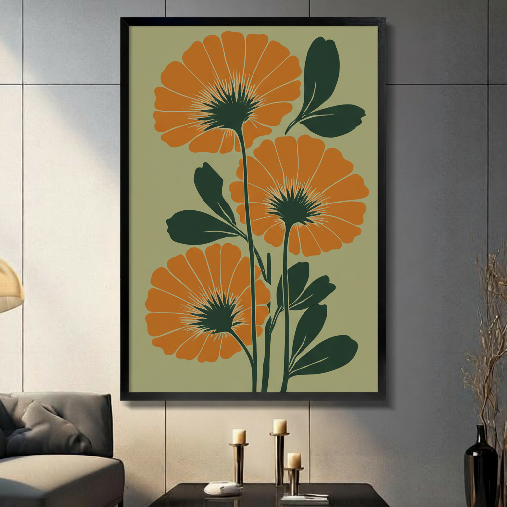 Framed minimalist botanical wall art print featuring bold orange marigold flowers with dark green stems and leaves on a sage green background, displayed above a console table in a moody living room
