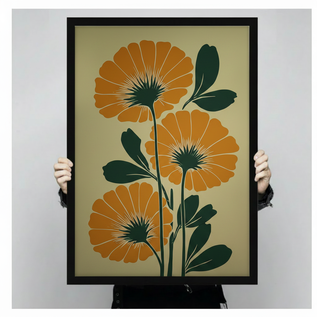 Close-up hand-held product shot of a framed botanical wall art print showing oversized orange marigold blooms with bold dark green stems on a golden-sage background