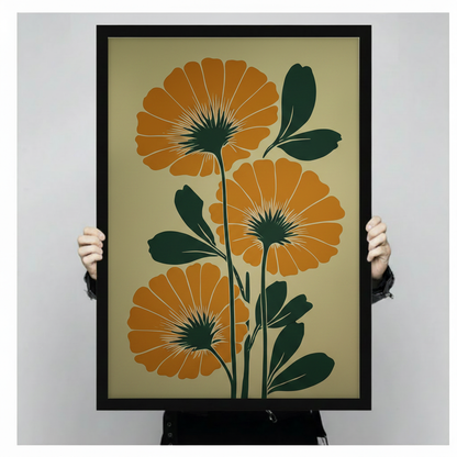 Close-up hand-held product shot of a framed botanical wall art print showing oversized orange marigold blooms with bold dark green stems on a golden-sage background