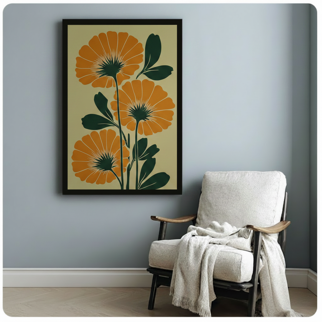 Black-framed botanical art print of large orange marigold flowers with dark green leaves on a warm cream background, styled beside a white armchair in a cozy light-toned reading nook