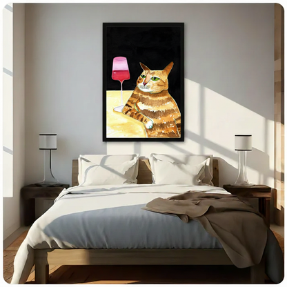 Chubby orange cat pink wine canvas above bed in modern bedroom — funny cat lover wall art for American home