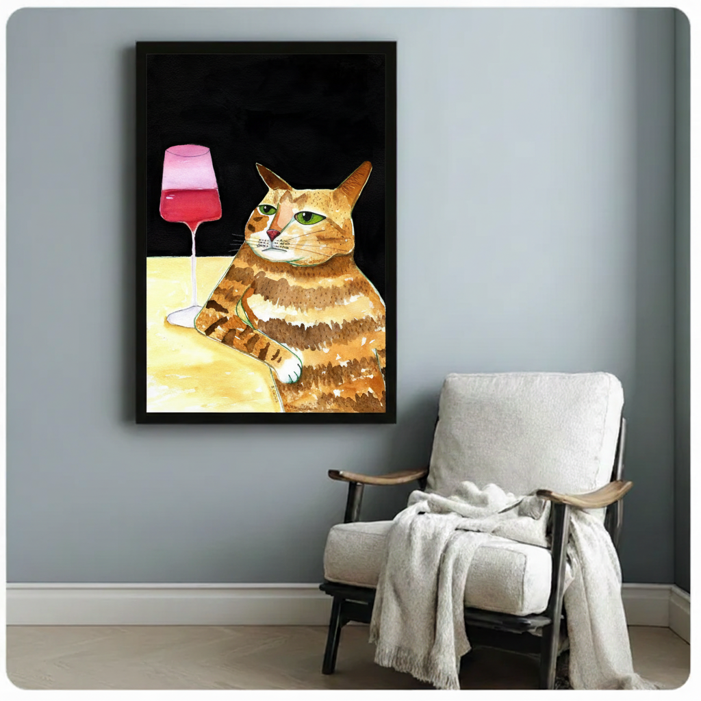 Funny orange cat rosé canvas print in light blue-gray room with white armchair — premium cat wine wall art