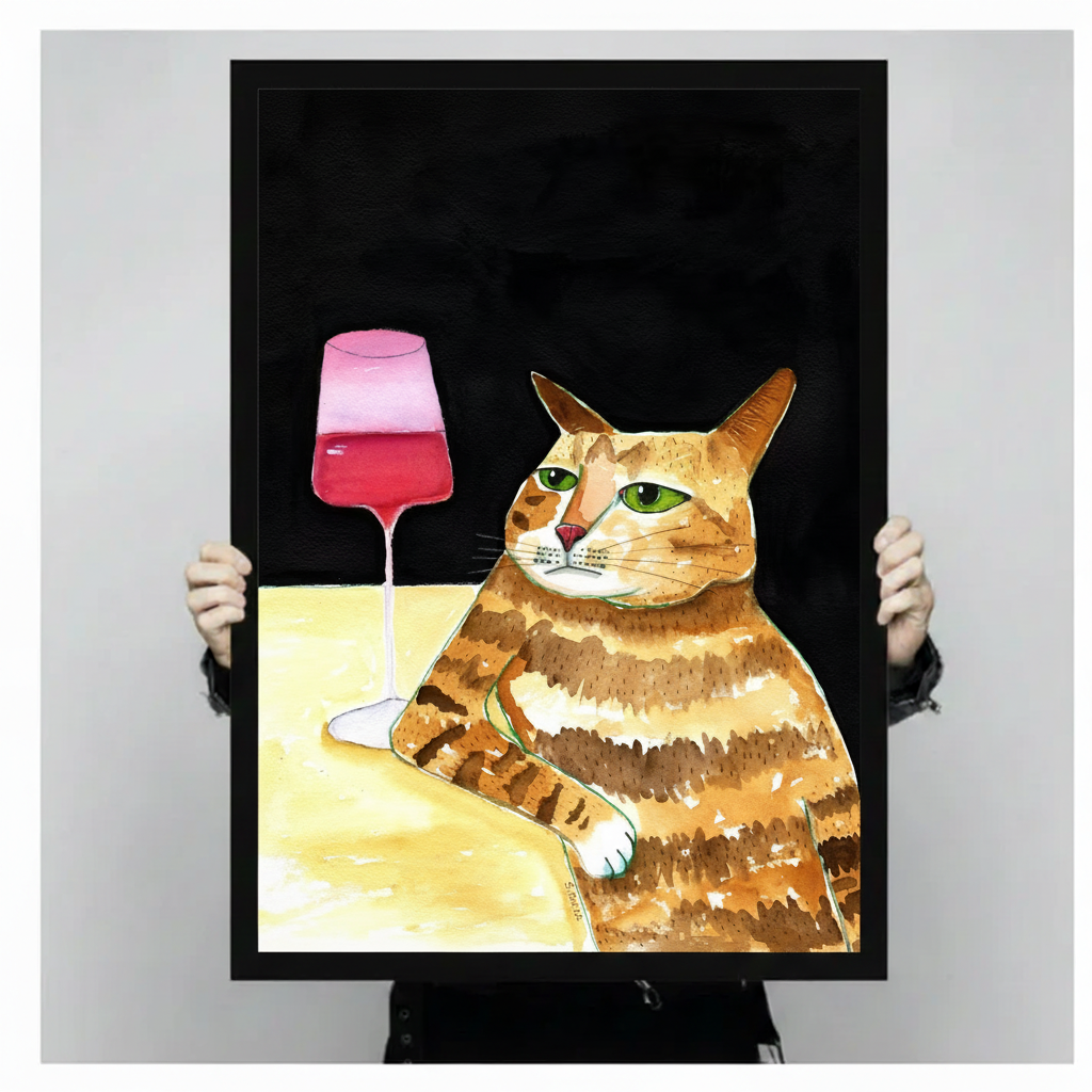 Orange tabby cat wine framed canvas held up by hands — gallery quality funny cat watercolor art print