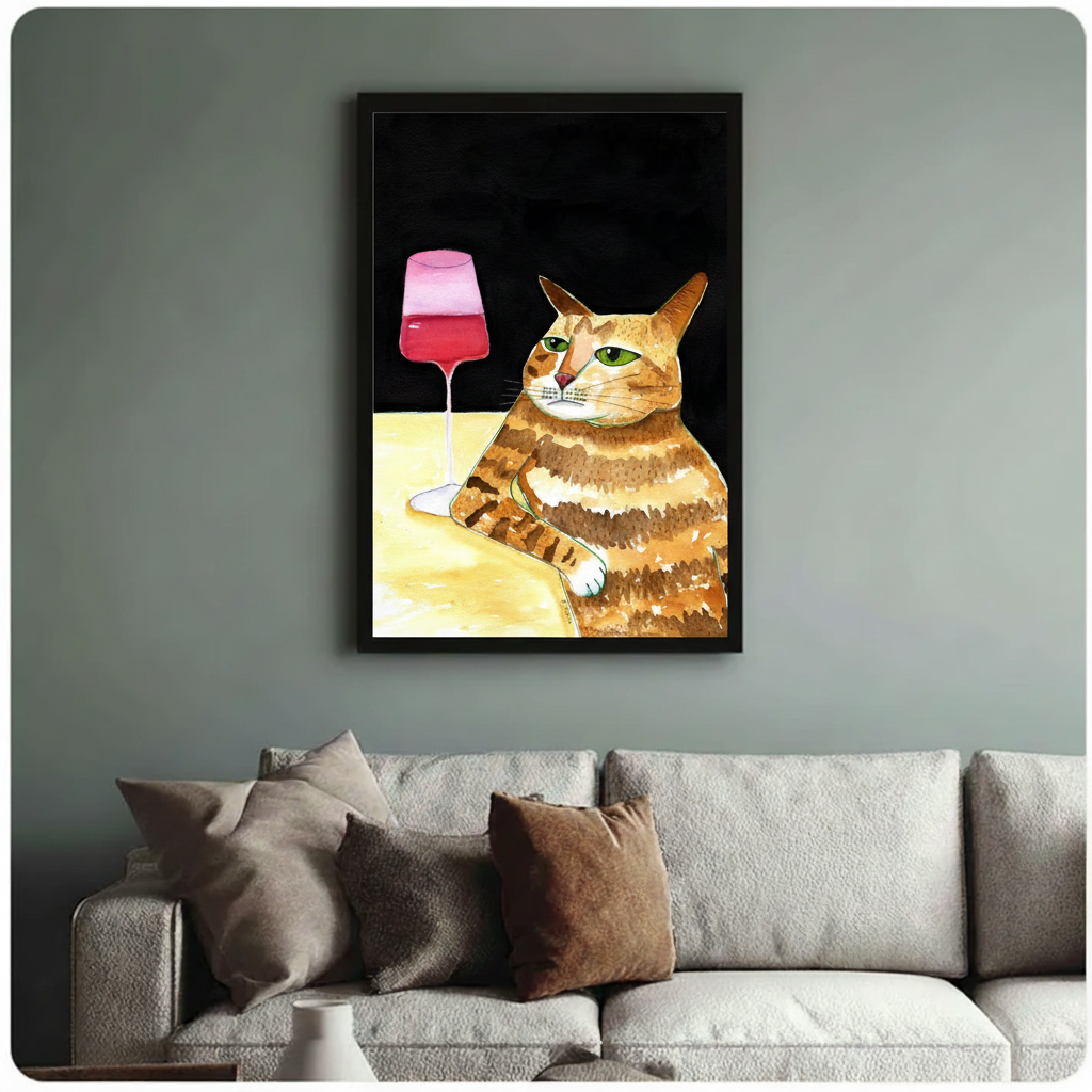Orange tabby cat wine framed canvas on sage green wall with beige sofa — expressive watercolor cat wall decor