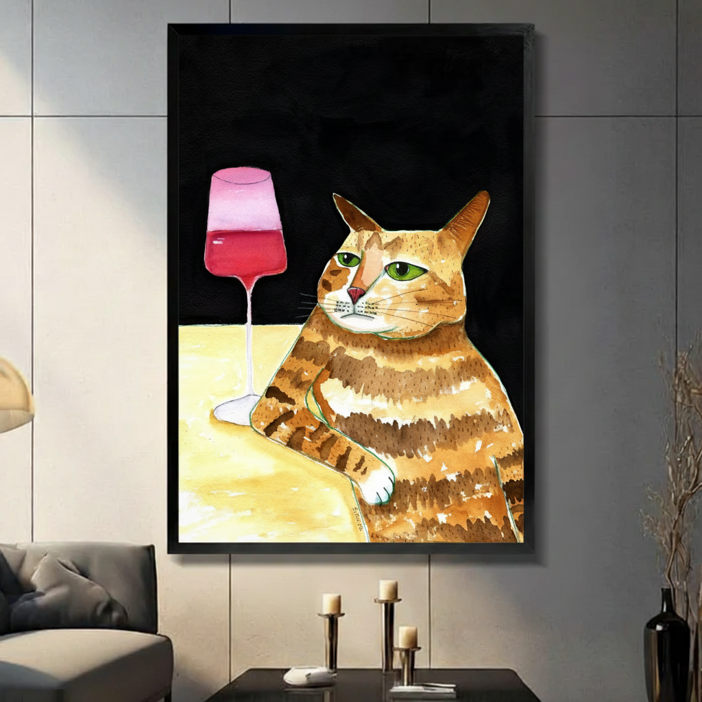 Orange tabby cat wine framed canvas wall art in dark gray tile living room with sofa — funny watercolor cat home decor