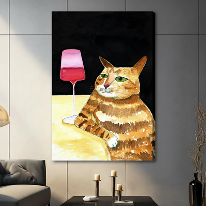 Chubby orange cat pink wine glass stretched canvas print on gray tile wall — funny cat lover wall art no frame
