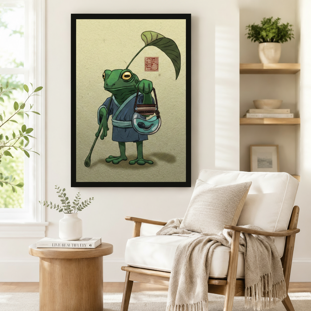 Oriental whimsical frog traveler with lotus umbrella framed wall art print beside armchair in cozy Japandi-style reading nook