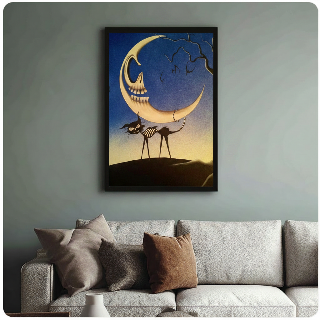 Gothic skeleton moon and black cat framed art print above cream bouclé sofa on sage grey wall - dark fantasy illustration canvas wall decor with deep blue and golden amber night sky palette