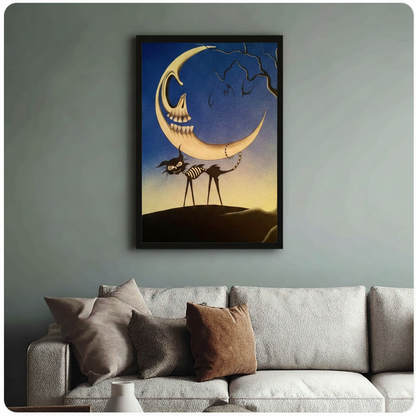 Gothic skeleton moon and black cat framed art print above cream bouclé sofa on sage grey wall - dark fantasy illustration canvas wall decor with deep blue and golden amber night sky palette