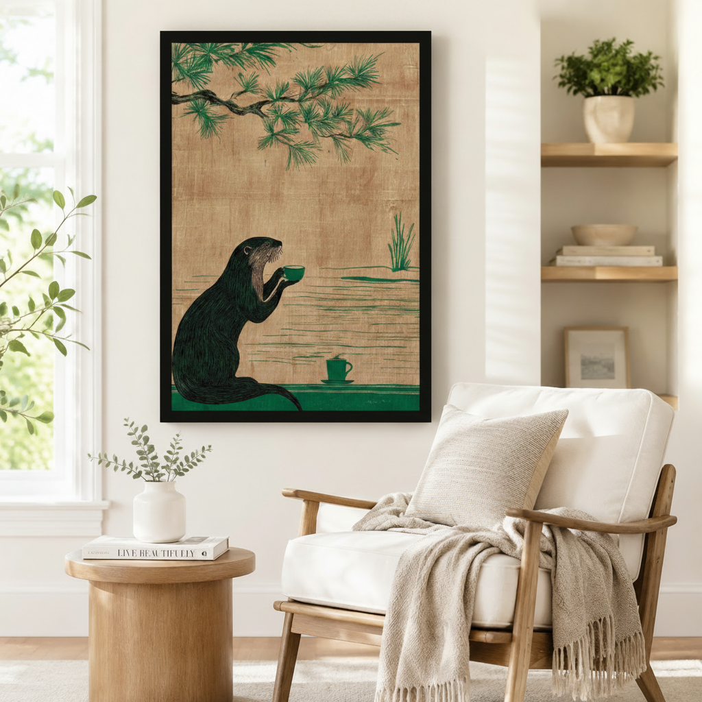 Framed otter tea art print with pine branch and river scene on wall beside white armchair in cozy neutral room
