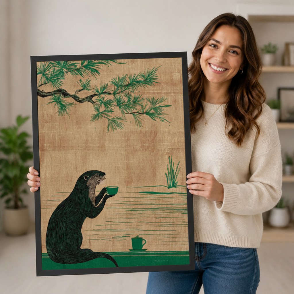 Woman holding large framed otter drinking tea Japanese style art print showing print size and detail quality