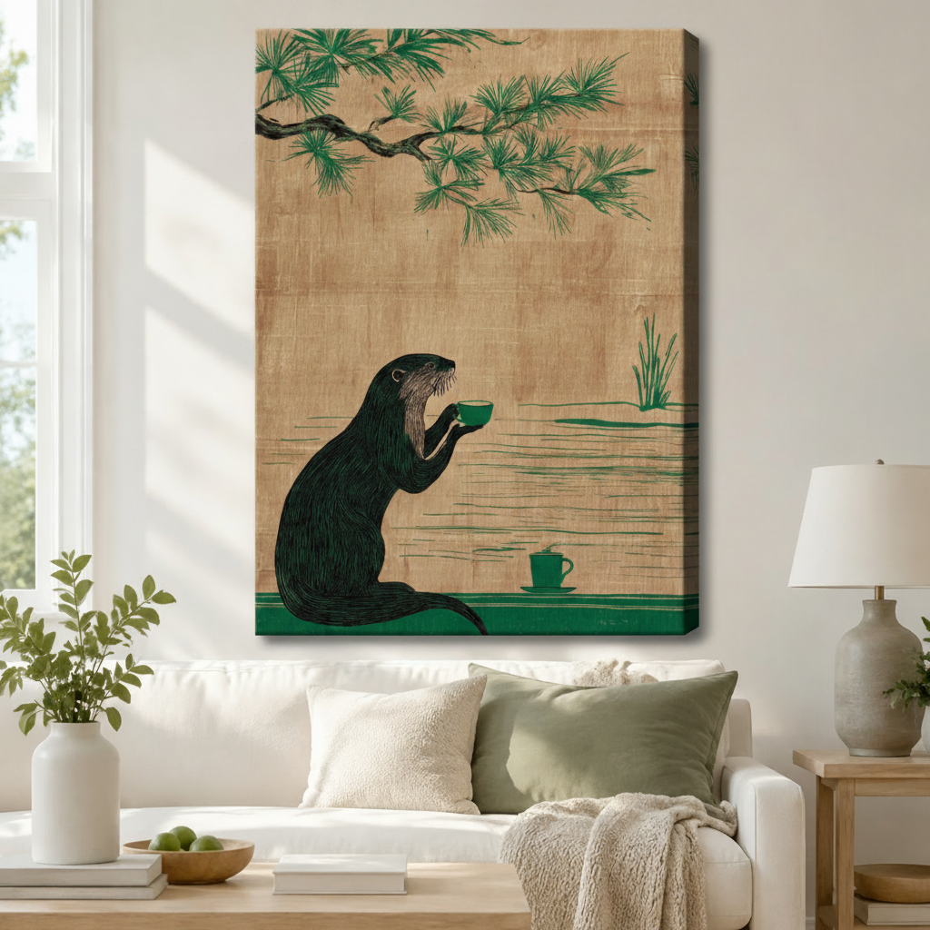 Otter holding green tea cup canvas wall art in Japanese woodblock style hung above white sofa in bright living room