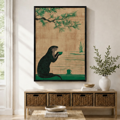 Japanese style otter drinking tea wall art print in black frame displayed above wooden console with wicker baskets