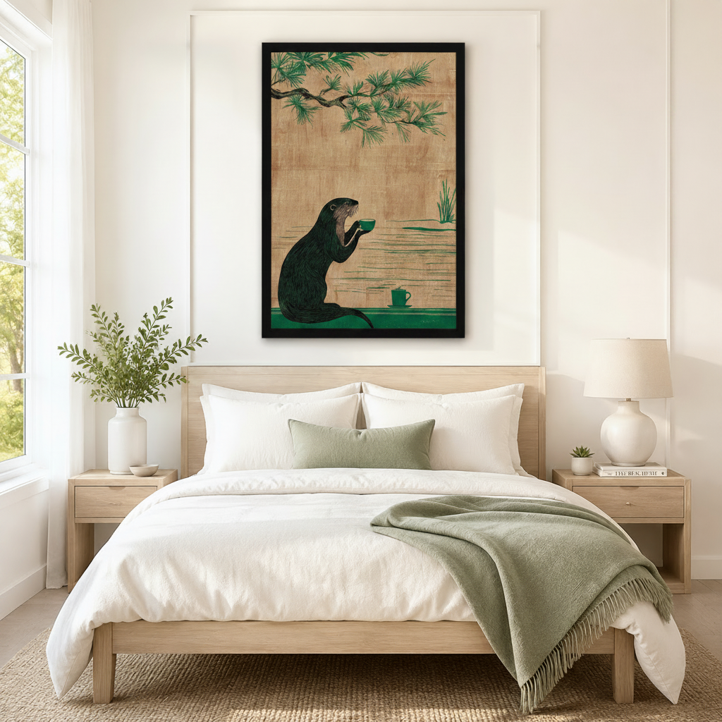 Japanese woodblock style otter with green tea cup framed wall art above bed in minimalist Scandinavian bedroom