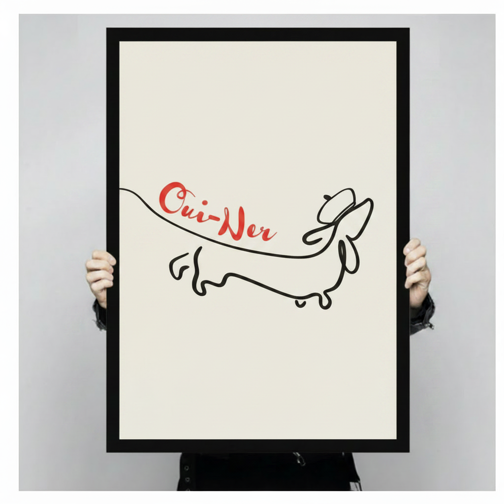 Framed canvas art print of dachshund one-line drawing with red Oui-Ner lettering, held up showing full artwork detail and black frame