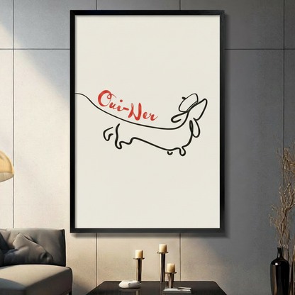 Minimalist dachshund line art with red Oui-Ner script, framed canvas print in black frame hung on grey tile wall in modern living room