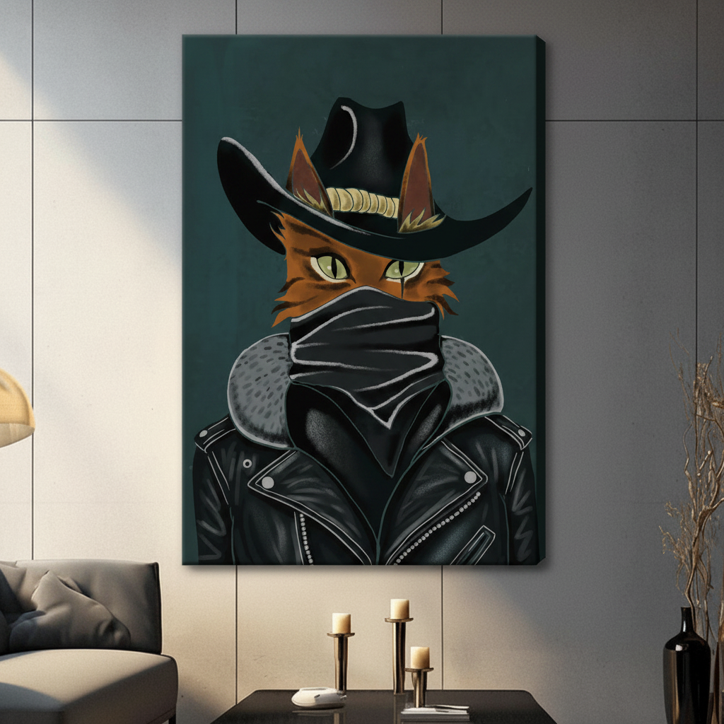 Bold graphic portrait of a rugged orange cat in a black cowboy hat gold hatband black bandana mask and studded leather jacket against a dark teal background outlaw cat wall art stretched canvas in a living room with dark gray panel wall dark sofa and black vase