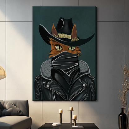 Bold graphic portrait of a rugged orange cat in a black cowboy hat gold hatband black bandana mask and studded leather jacket against a dark teal background outlaw cat wall art stretched canvas in a living room with dark gray panel wall dark sofa and black vase