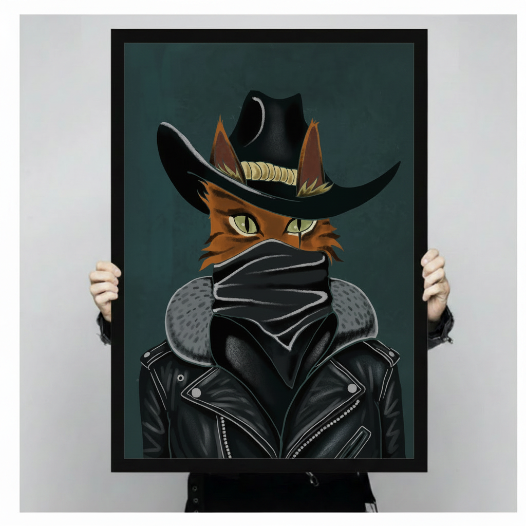 Bold graphic illustration of an orange outlaw cat with piercing green eyes black cowboy hat face mask and leather jacket on a dark teal background edgy cat wall art framed print held against a light gray background