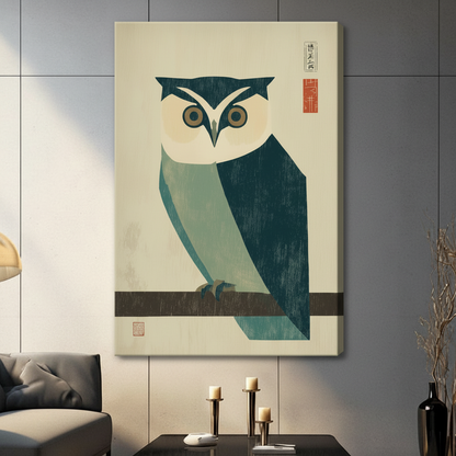 Frameless canvas owl art print in Japanese woodblock style mounted on gray wall above console table