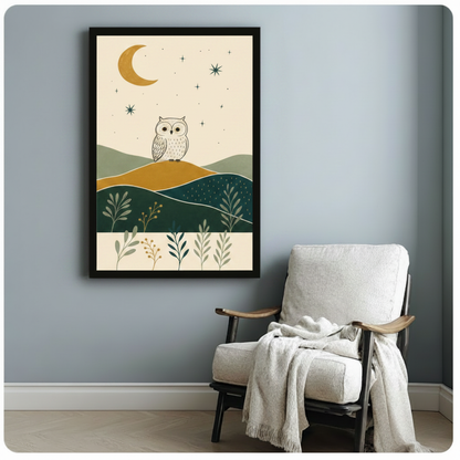 Whimsical owl crescent moon framed poster on blue-grey wall beside cozy linen armchair
