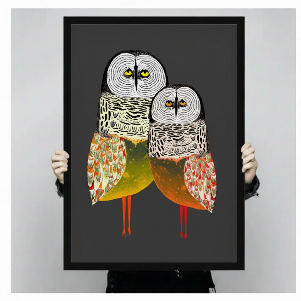 Person holding large framed owl duo canvas wall art — folk art owl print size reference, bold charcoal background with amber and orange feather tones