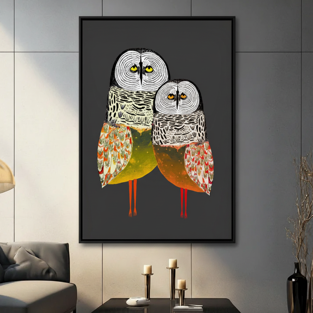 Owl duo folk art framed canvas wall art — two owls with concentric feather patterns on charcoal background, modern eclectic home decor