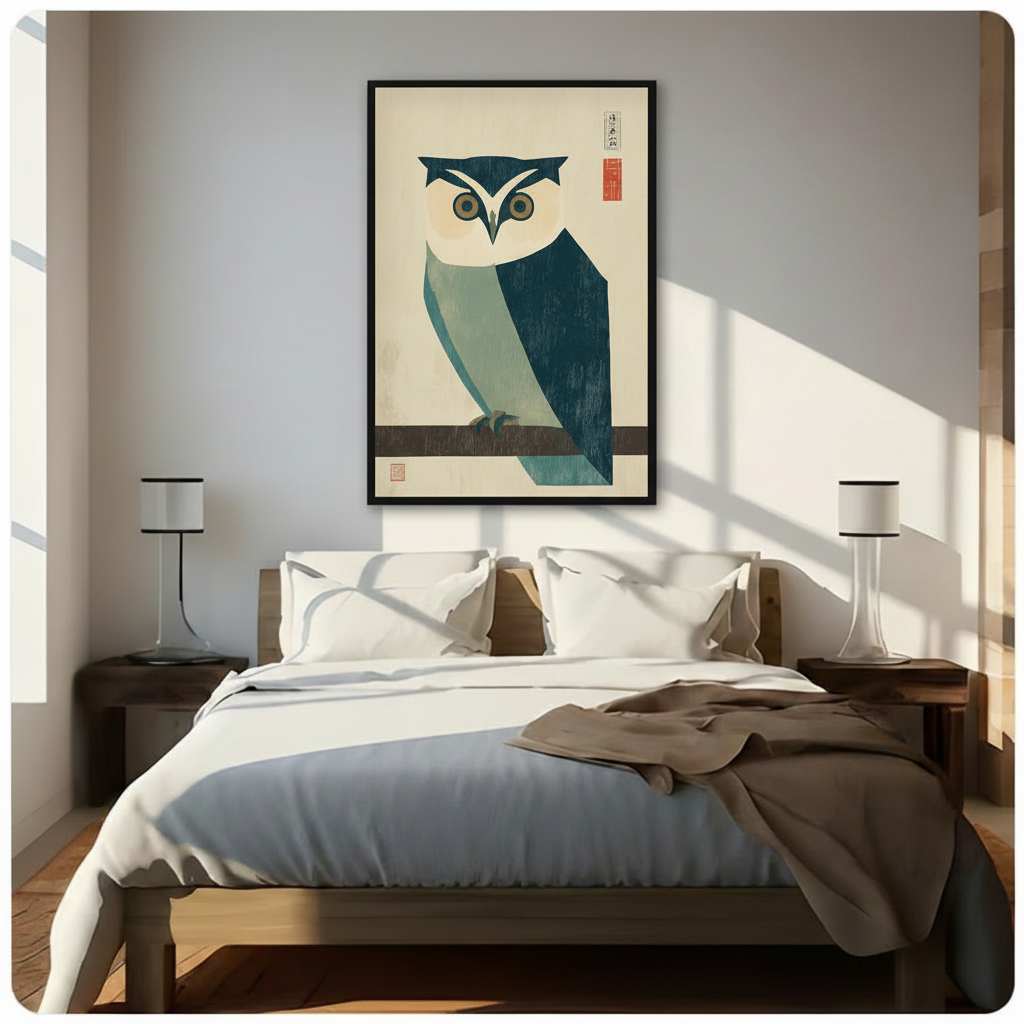 Framed Japanese style owl wall art hanging above wooden bed in bright minimalist bedroom interior