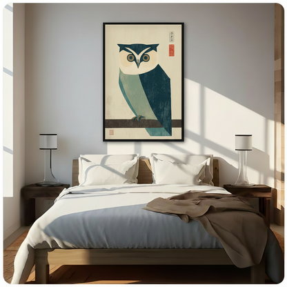 Framed Japanese style owl wall art hanging above wooden bed in bright minimalist bedroom interior