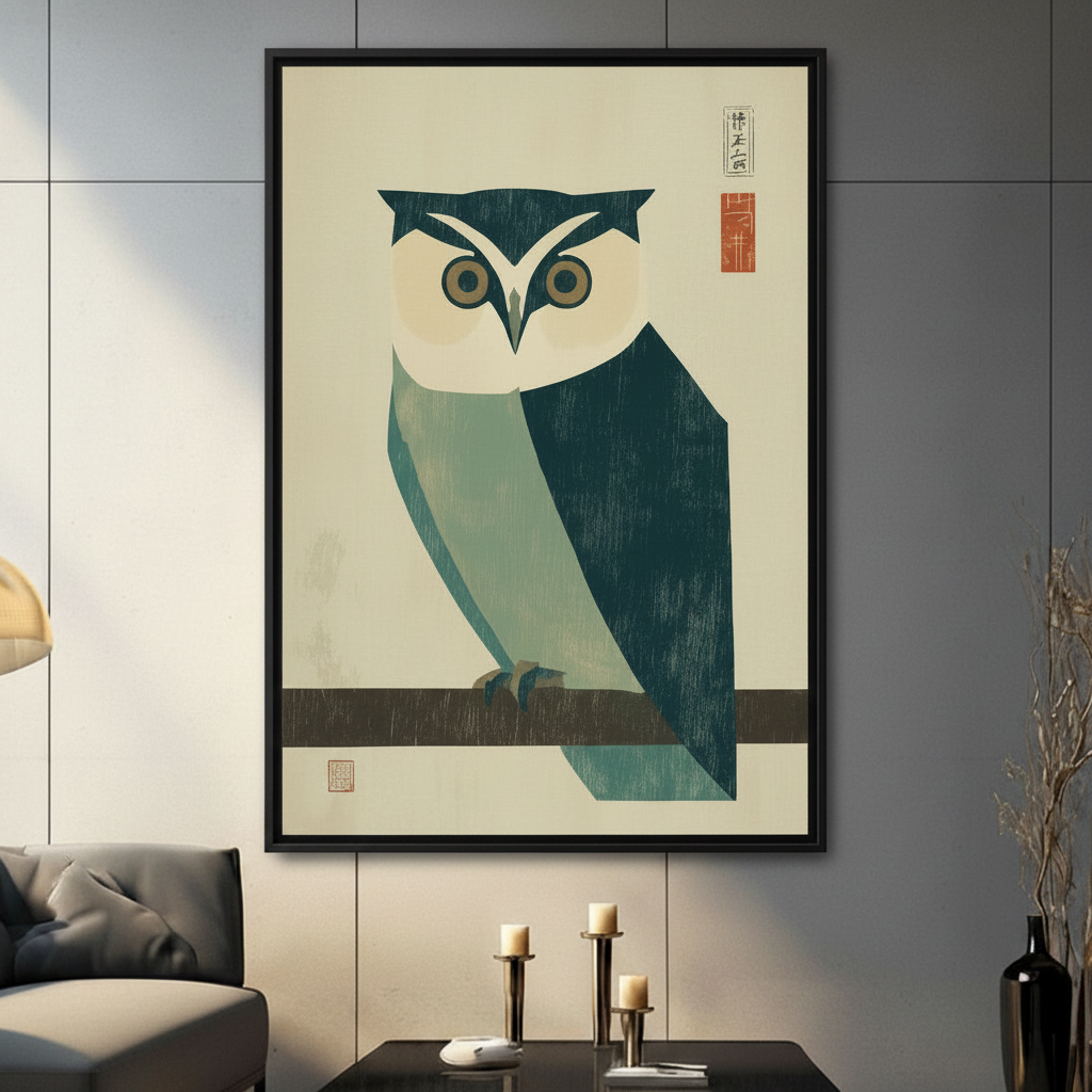 Black framed geometric owl woodblock print on gray wall in contemporary living room with candle holders