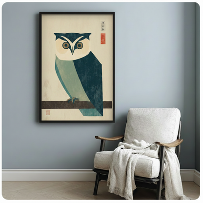 Japanese woodblock style owl art print in black frame displayed above armchair in modern living room