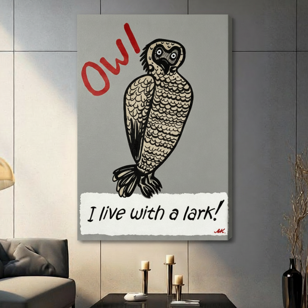 Gallery wrap stretched canvas of a chubby startled owl in bold black woodblock print style with round staring eyes and layered feather scales with red painted OW lettering above and I live with a lark in handwritten script on a torn white paper banner below funny bird humor illustration on gray background hung frameless on a dark gray wall above a sofa with candlesticks
