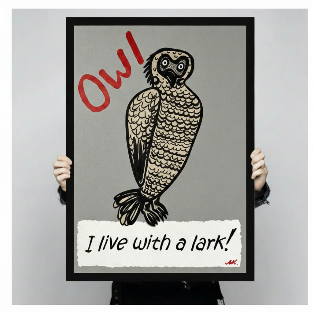 Two hands in black jacket sleeves holding a large black framed whimsical owl illustration with bold red OW text and the handwritten phrase I live with a lark on a torn white paper strip funny bird humor typography canvas art print in woodblock style on gray background, front-facing vertical product size display
