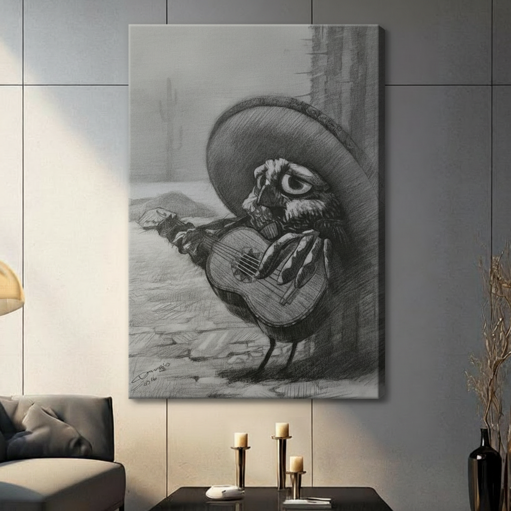 Whimsical owl in sombrero playing guitar canvas wall art unframed, black and white charcoal sketch style bird musician print, gallery wrap for living room decor