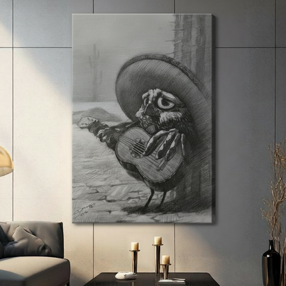Whimsical owl in sombrero playing guitar canvas wall art unframed, black and white charcoal sketch style bird musician print, gallery wrap for living room decor