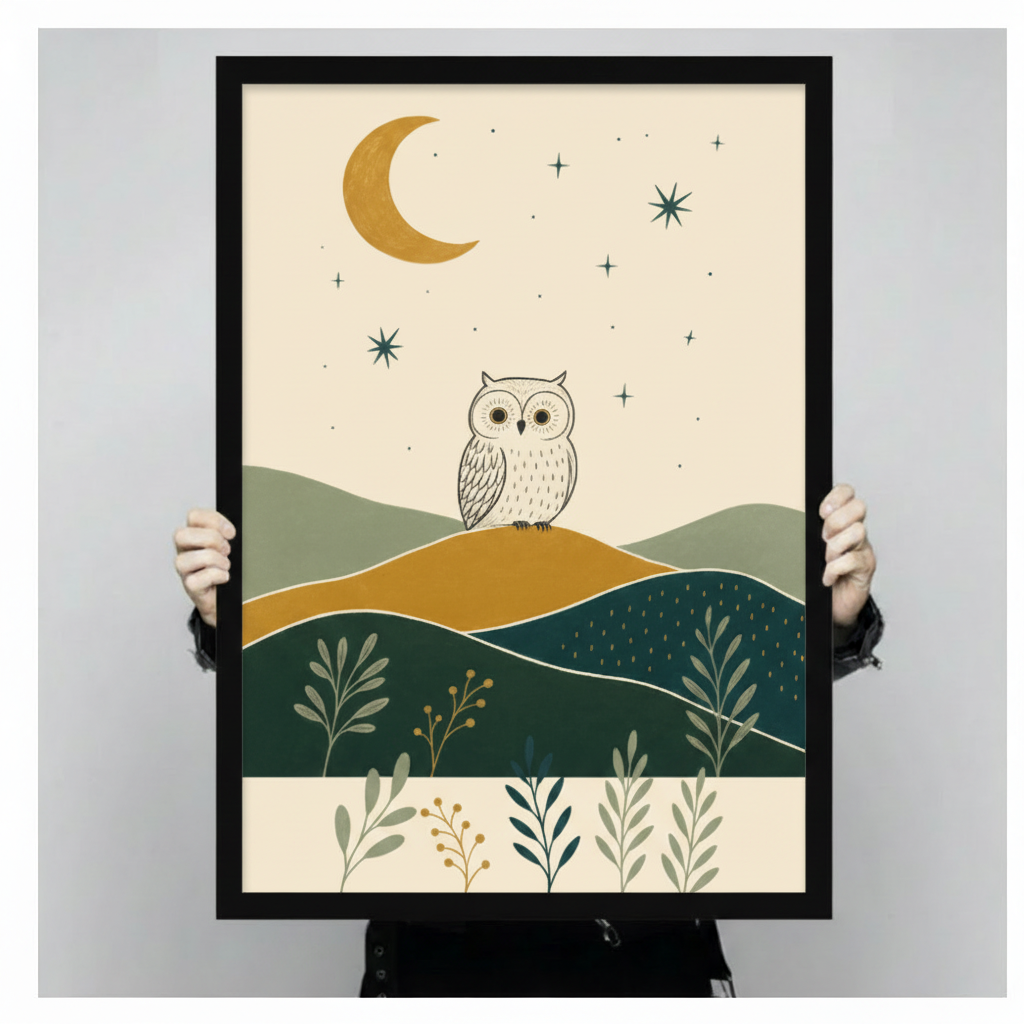 Person holding large boho owl and moon framed wall art print showing actual print size with botanical details