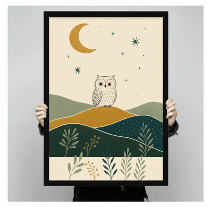 Person holding large boho owl and moon framed wall art print showing actual print size with botanical details